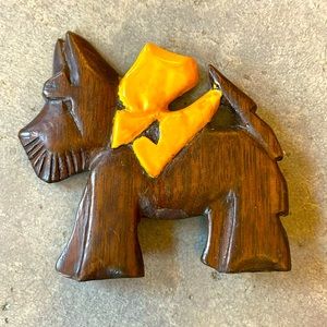 Vintage Scottie dog hand carved wood pin brooch